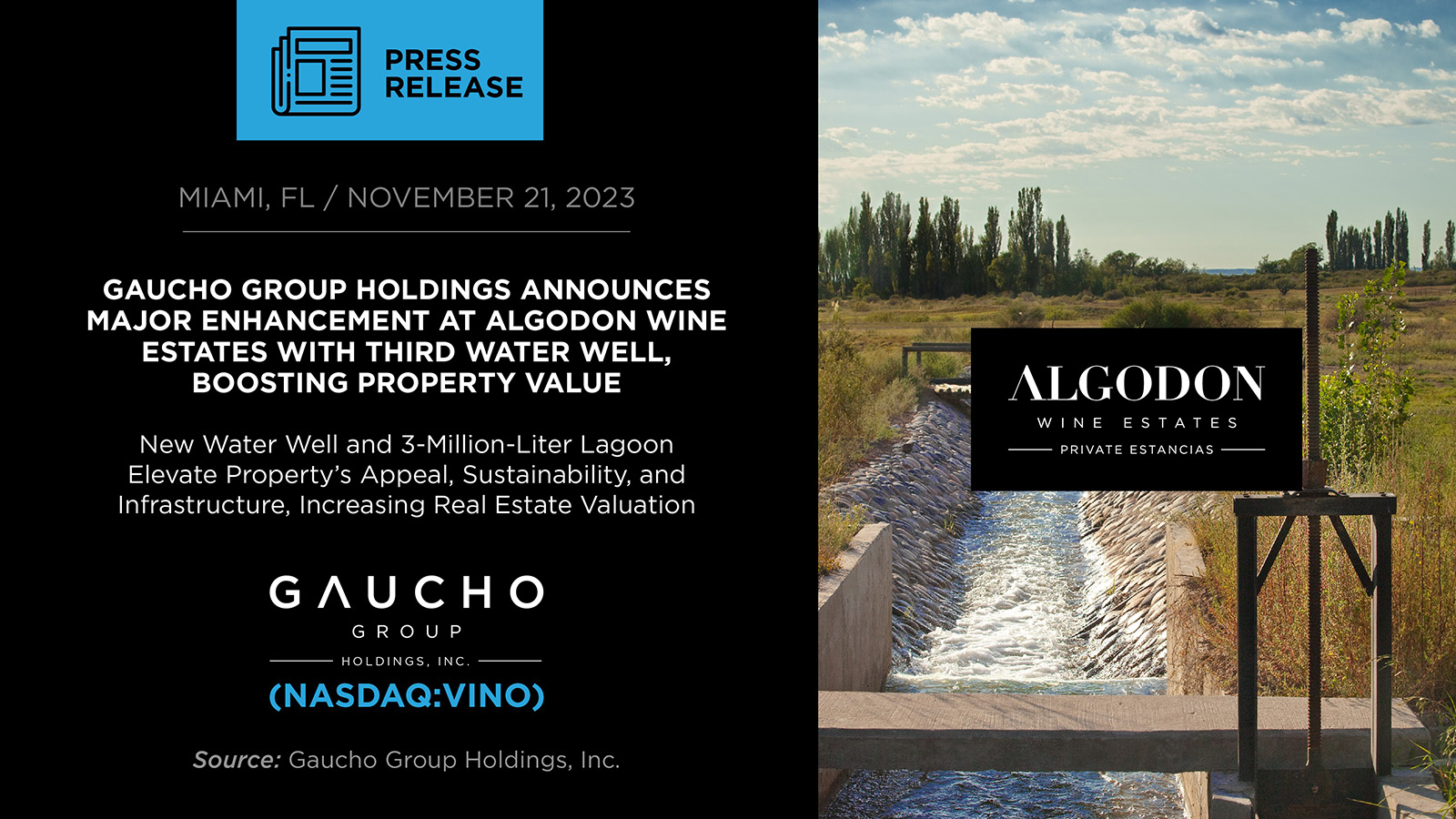 Gaucho Group Holdings Announces Major Enhancement at Algodon Wine Estates With Third Water Well, Boosting Property Value New Water Well and 3-Million-Liter Lagoon Elevate Property’s Appeal, Sustainability, and Infrastructure, Increasing Real Estate Valuation